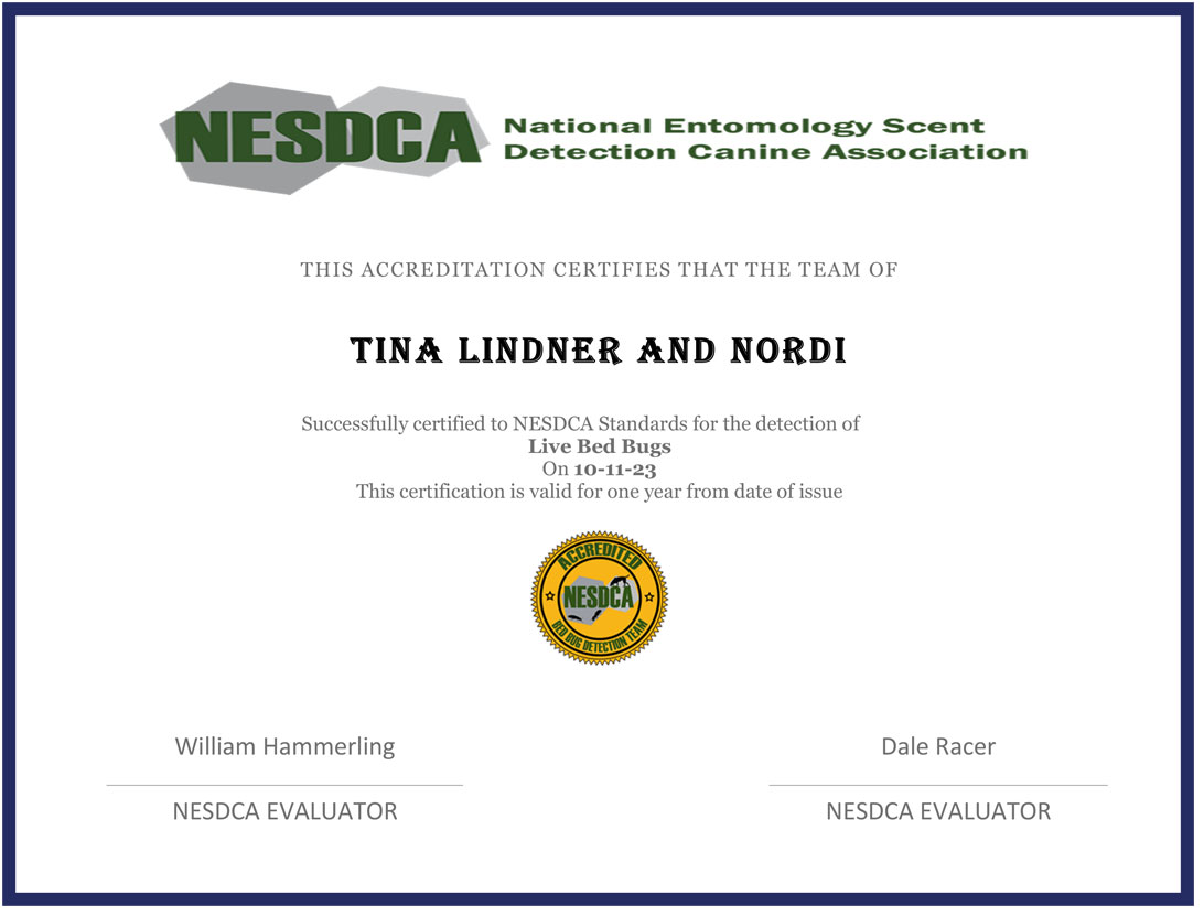 Tina and Nordi Bed Bug Inspection Certification